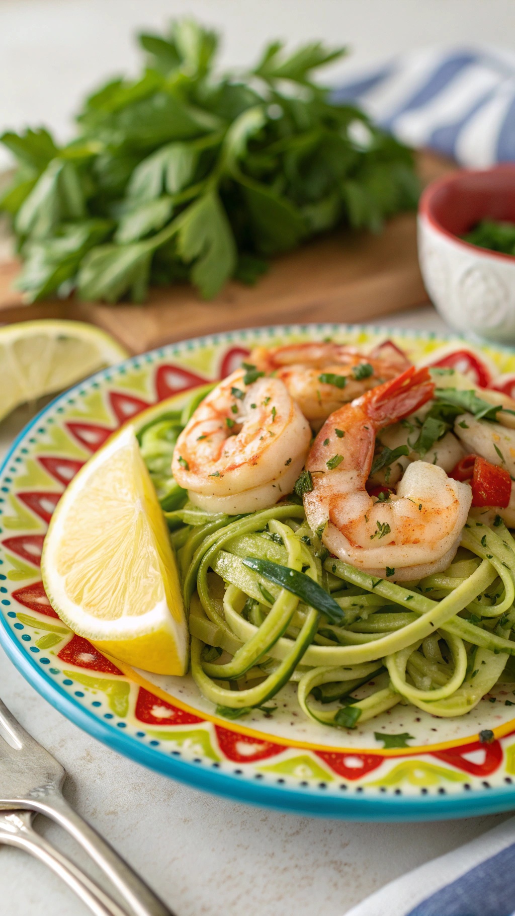 A plate of garlic butter shrimp zoodles with lemon wedges and fresh parsley
