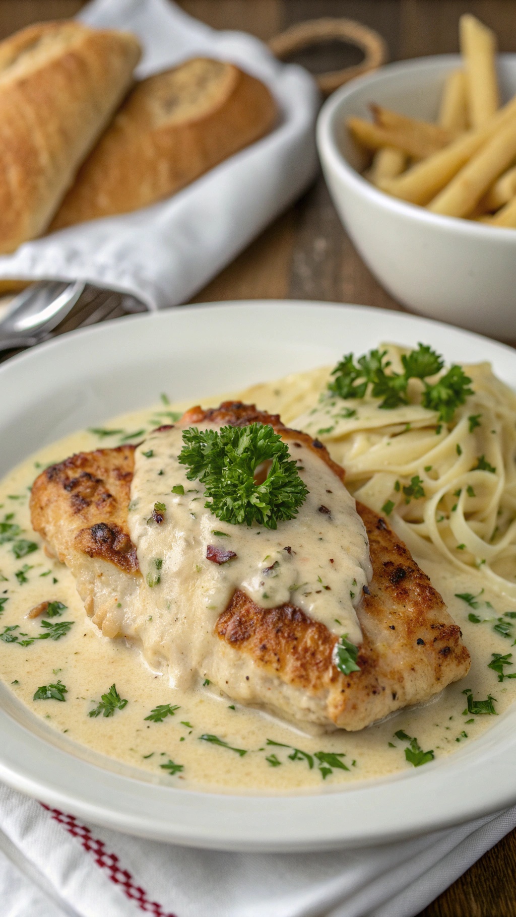 A plate of Garlic Parmesan Chicken served with pasta and garnished with parsley.