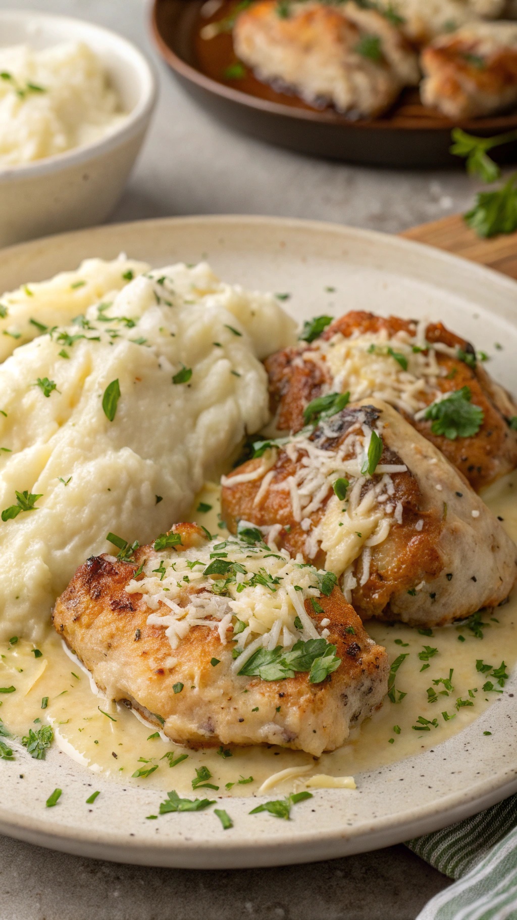 Garlic Parmesan Chicken Thighs served with mashed potatoes and garnished with parsley.