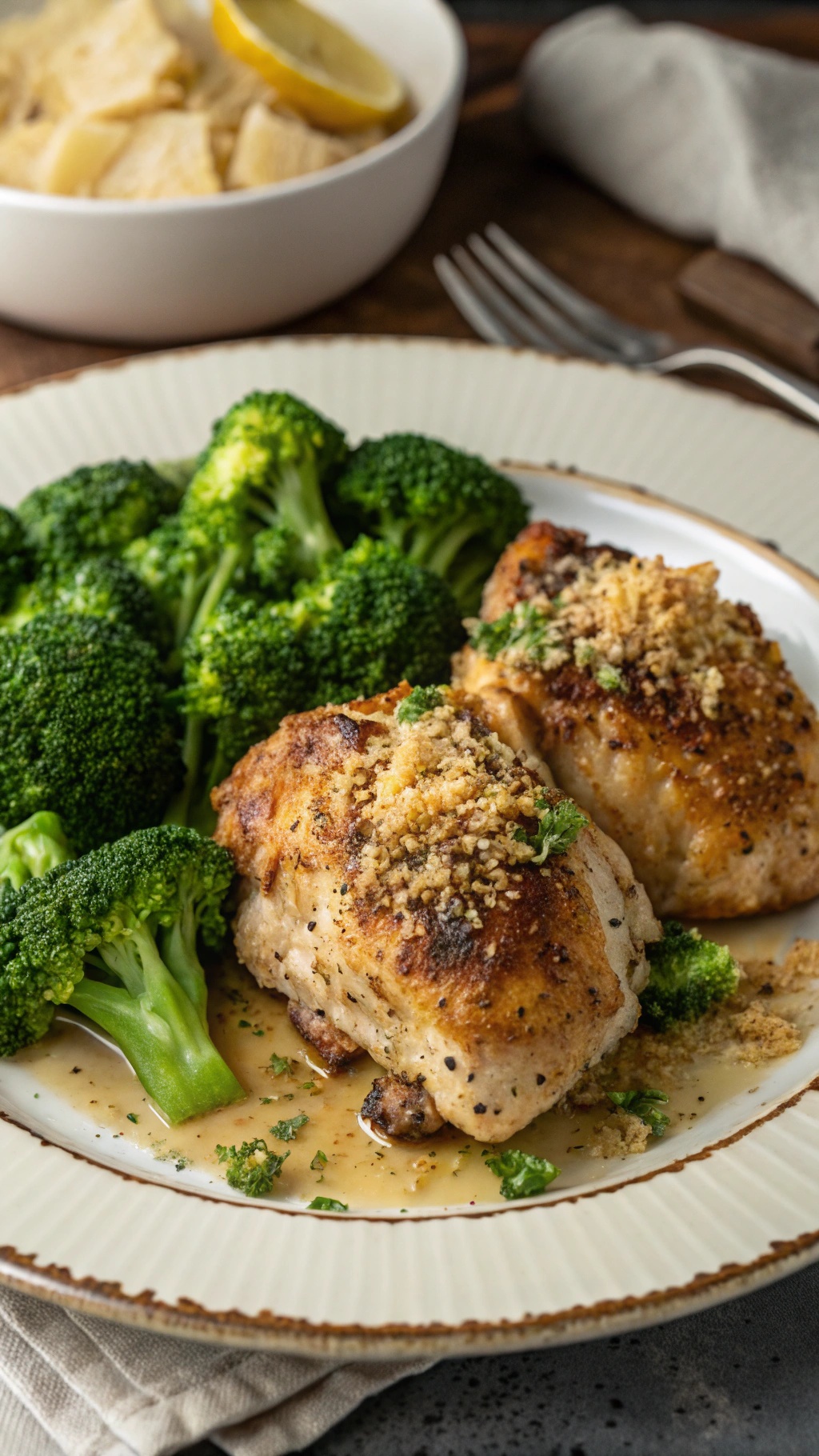 A plate of garlic Parmesan chicken thighs served with broccoli.