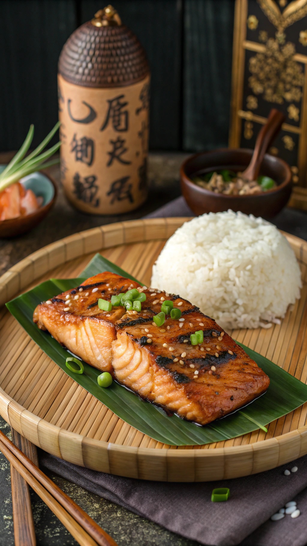 Delicious Garlic Soy Salmon served with rice and garnished with green onions and sesame seeds.