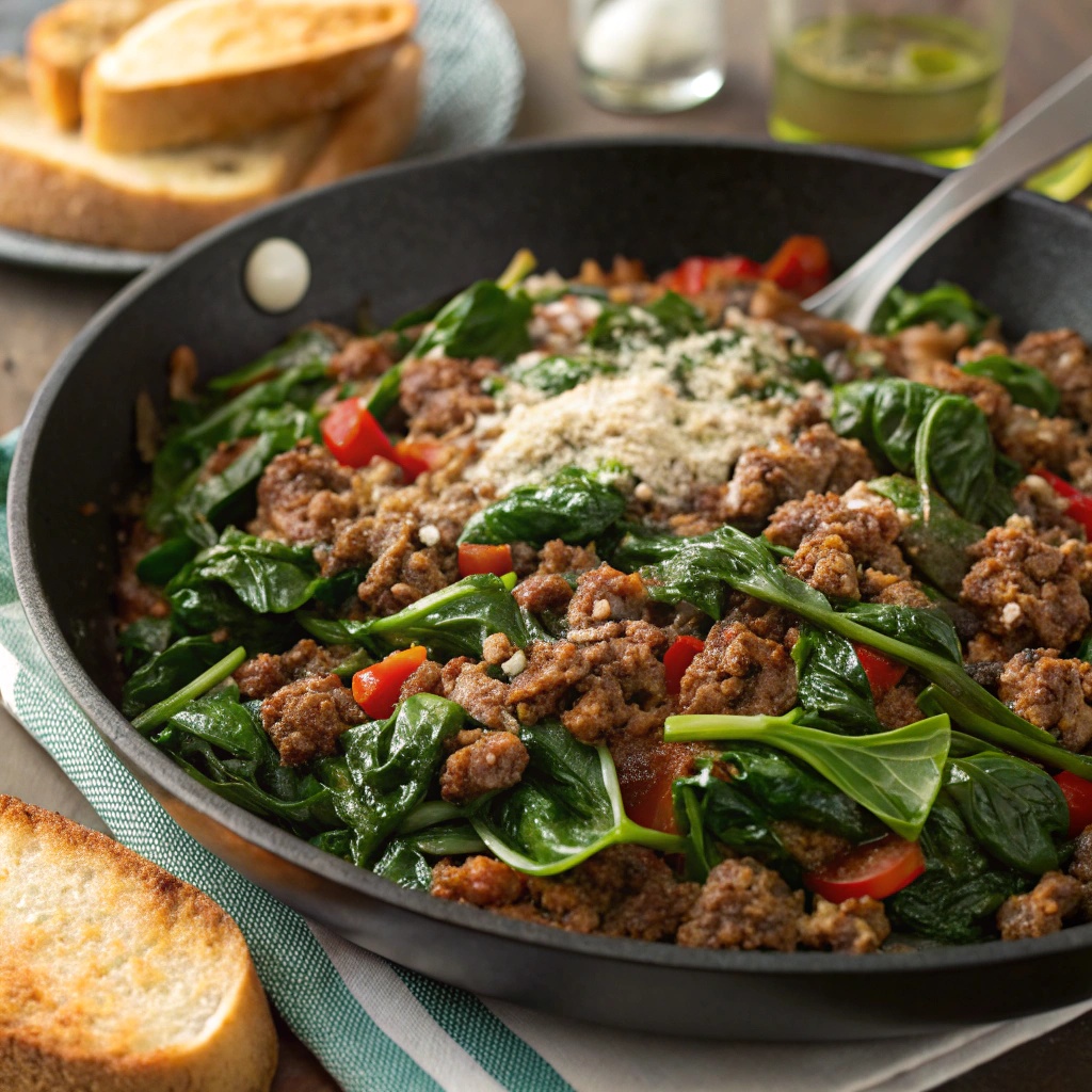 A skillet filled with garlicky beef and fresh spinach, topped with cheese.