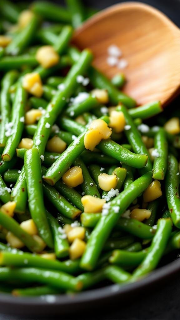 A close-up of sautéed green beans with garlic and slivered almonds in a bowl, garnished with salt.