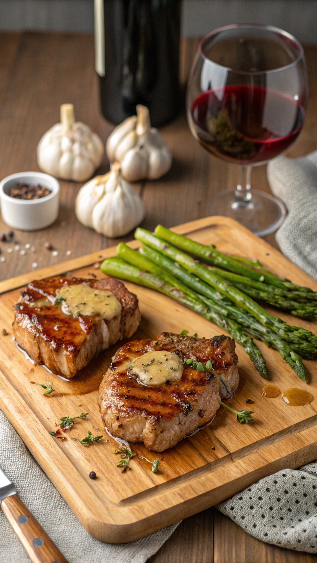 Garlic Butter Pork Chops with asparagus on a wooden cutting board