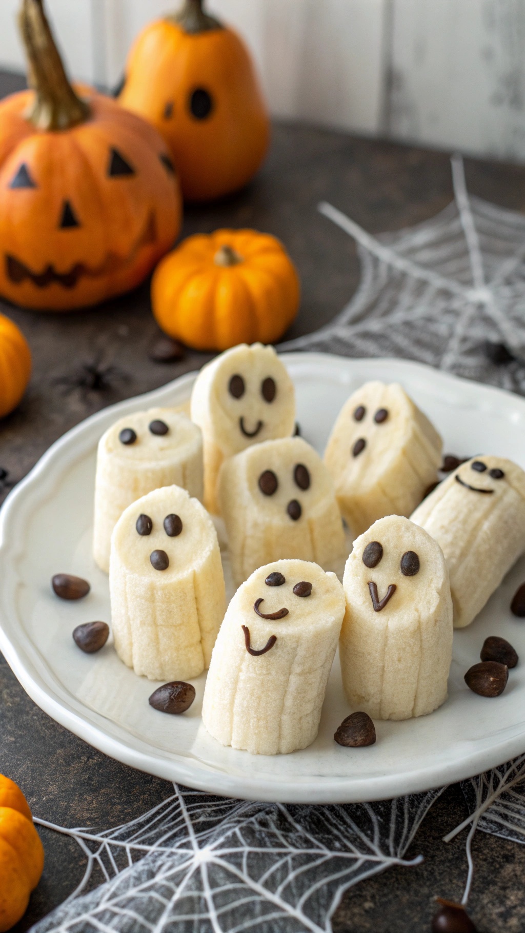 A plate of ghostly banana bites decorated with chocolate chips, surrounded by pumpkins and spider webs.