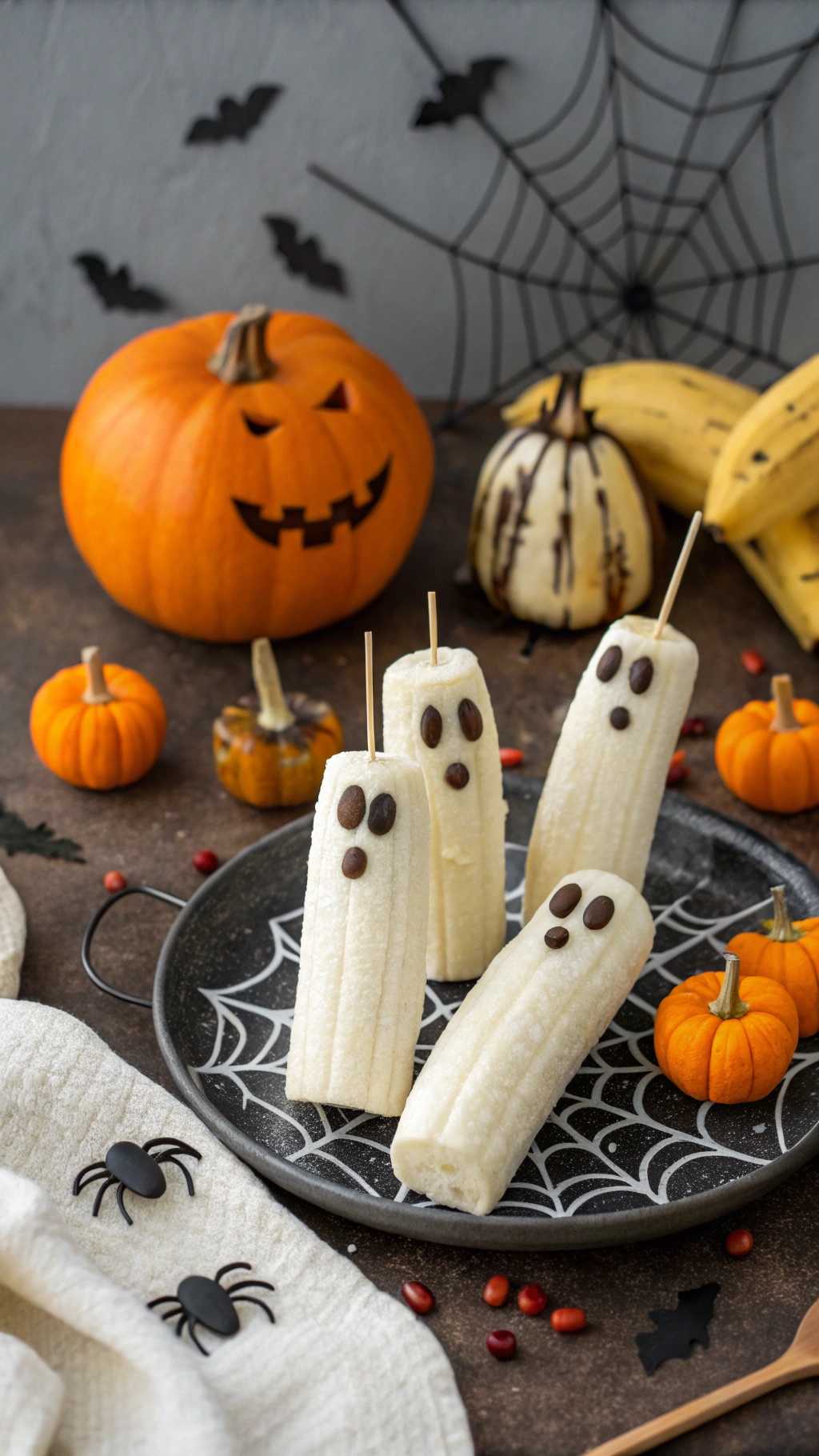 Ghostly banana pops with chocolate chip eyes on a spider web plate, surrounded by pumpkins and Halloween decorations.