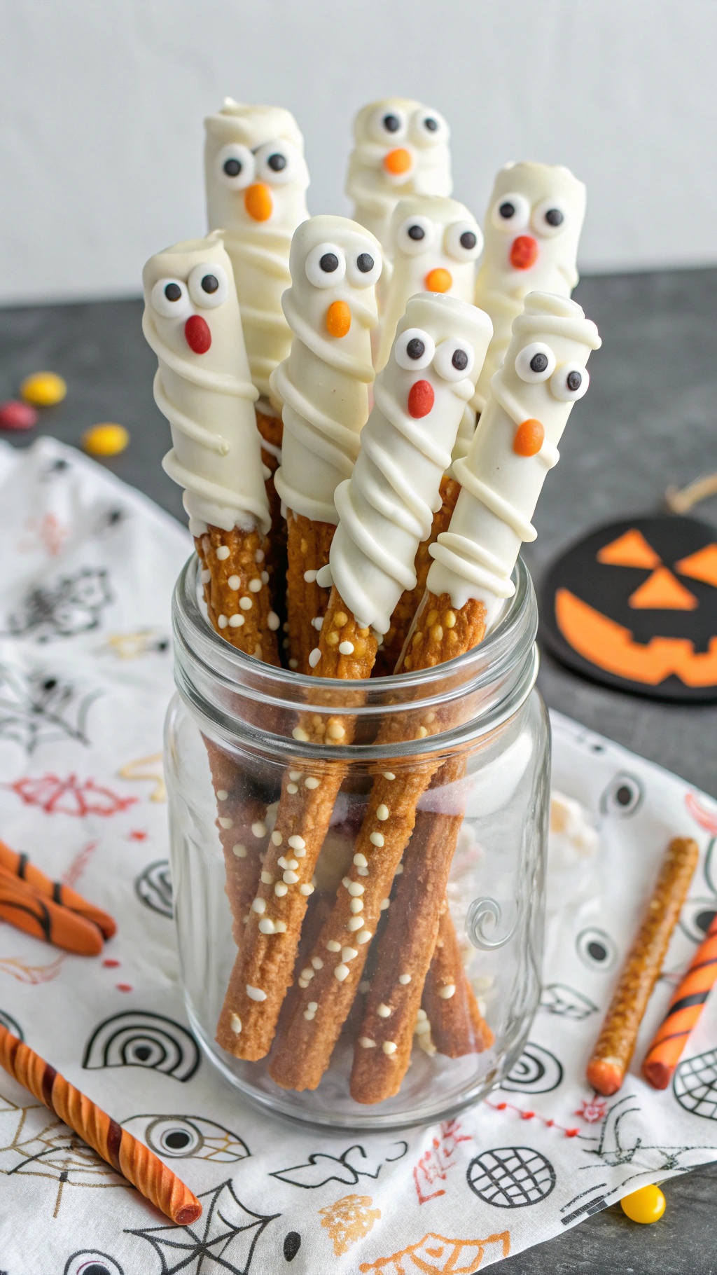 A jar filled with ghostly pretzel rods decorated with candy eyes and orange noses, set against a Halloween-themed background.