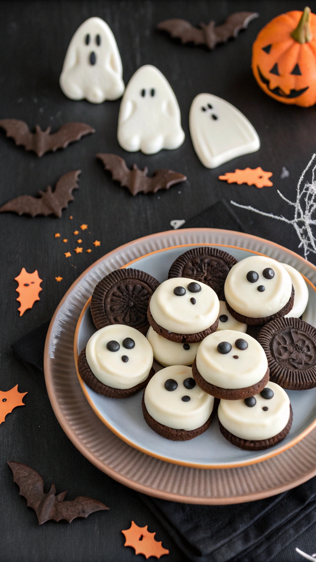 A plate of ghostly white chocolate dipped Oreos with black candy eyes, surrounded by Halloween decorations.