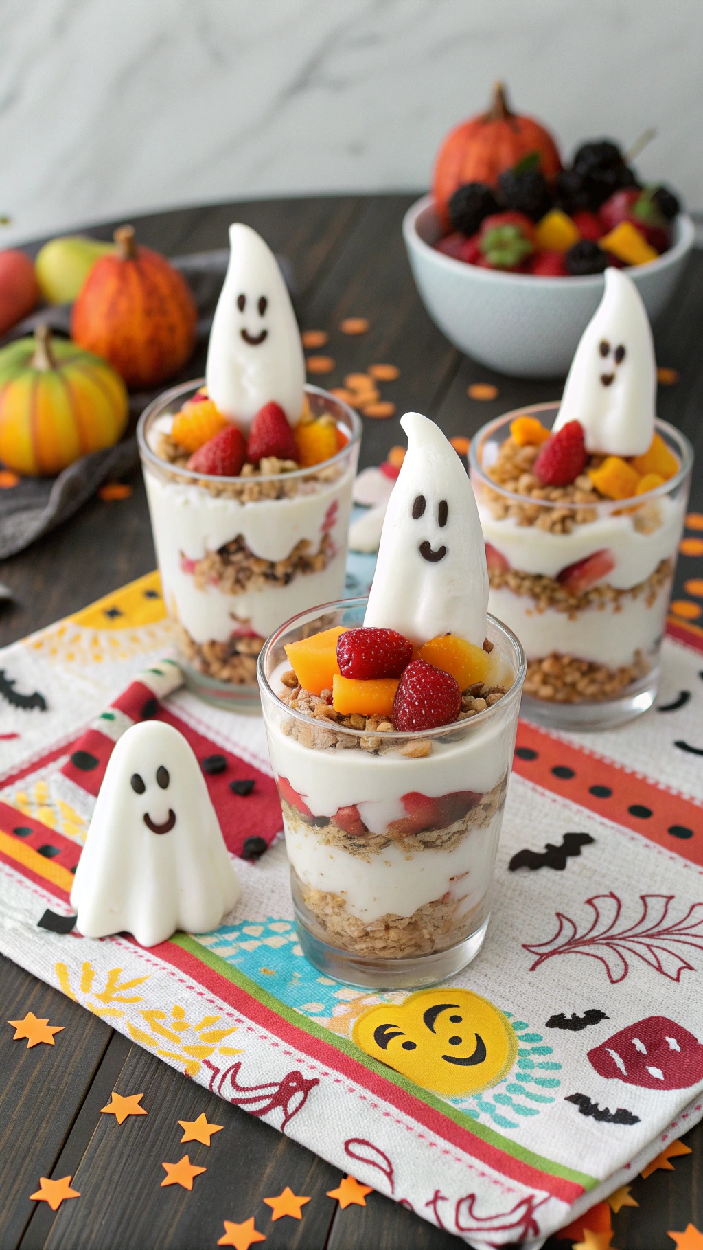 Ghostly yogurt parfaits with fruits and granola, topped with ghost-shaped marshmallows.