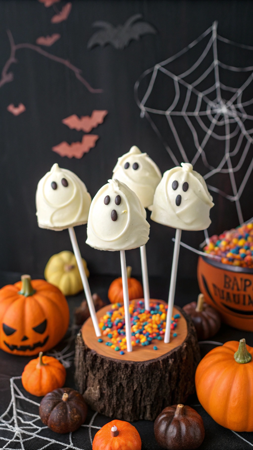 Ghoulish ghost pops made from cake pops or marshmallows, coated in white chocolate with chocolate chip eyes, surrounded by pumpkins and Halloween decorations.