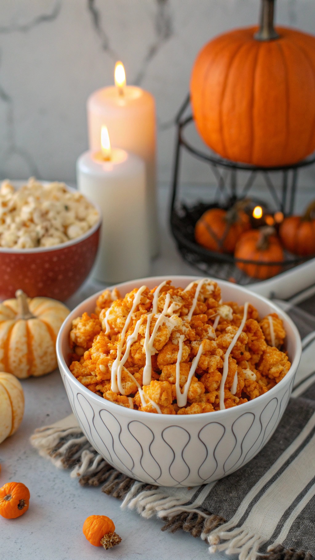 A bowl of pumpkin spice popcorn drizzled with white chocolate, surrounded by mini pumpkins and candles.