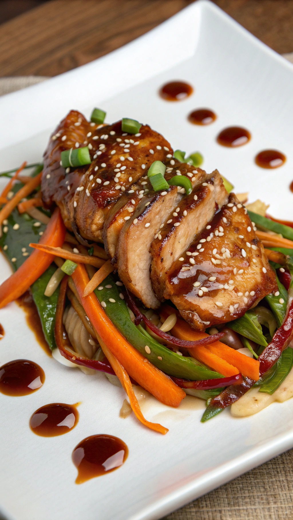 A plate of ginger soy chicken served with colorful vegetables and garnished with sesame seeds and green onions.