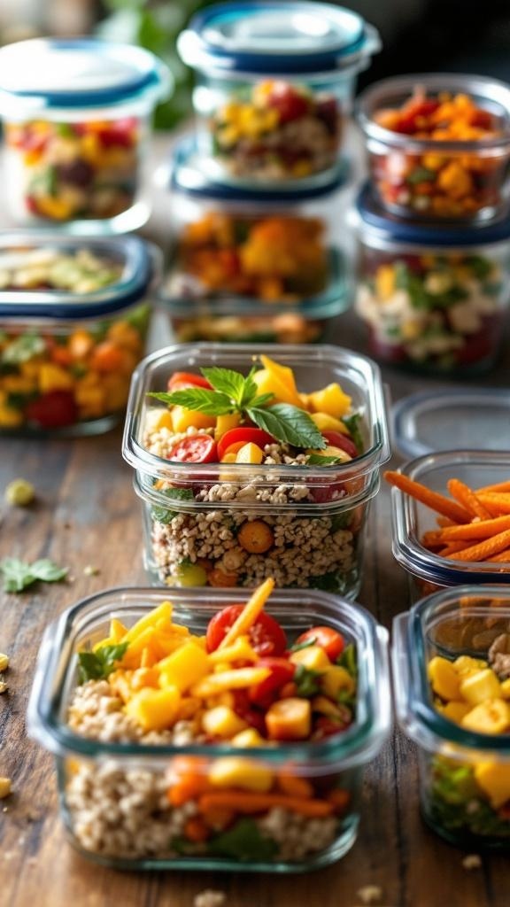Colorful meal prep in glass containers with airtight lids