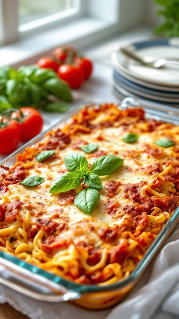 A delicious gluten-free lasagna topped with fresh basil, served with tomatoes and basil in the background.