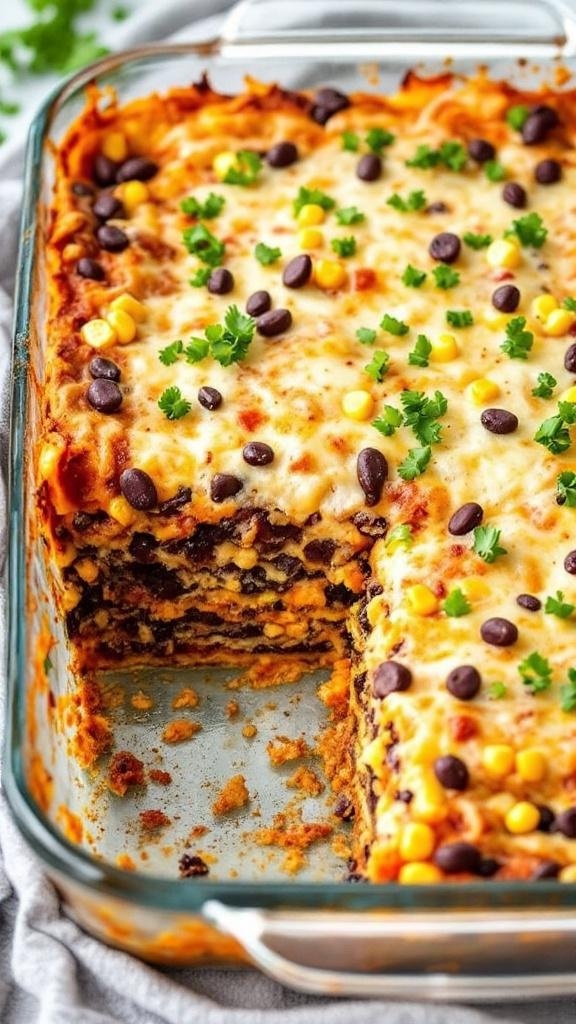 A delicious gluten-free lasagna with layers of corn, black beans, and melted cheese, garnished with cilantro.