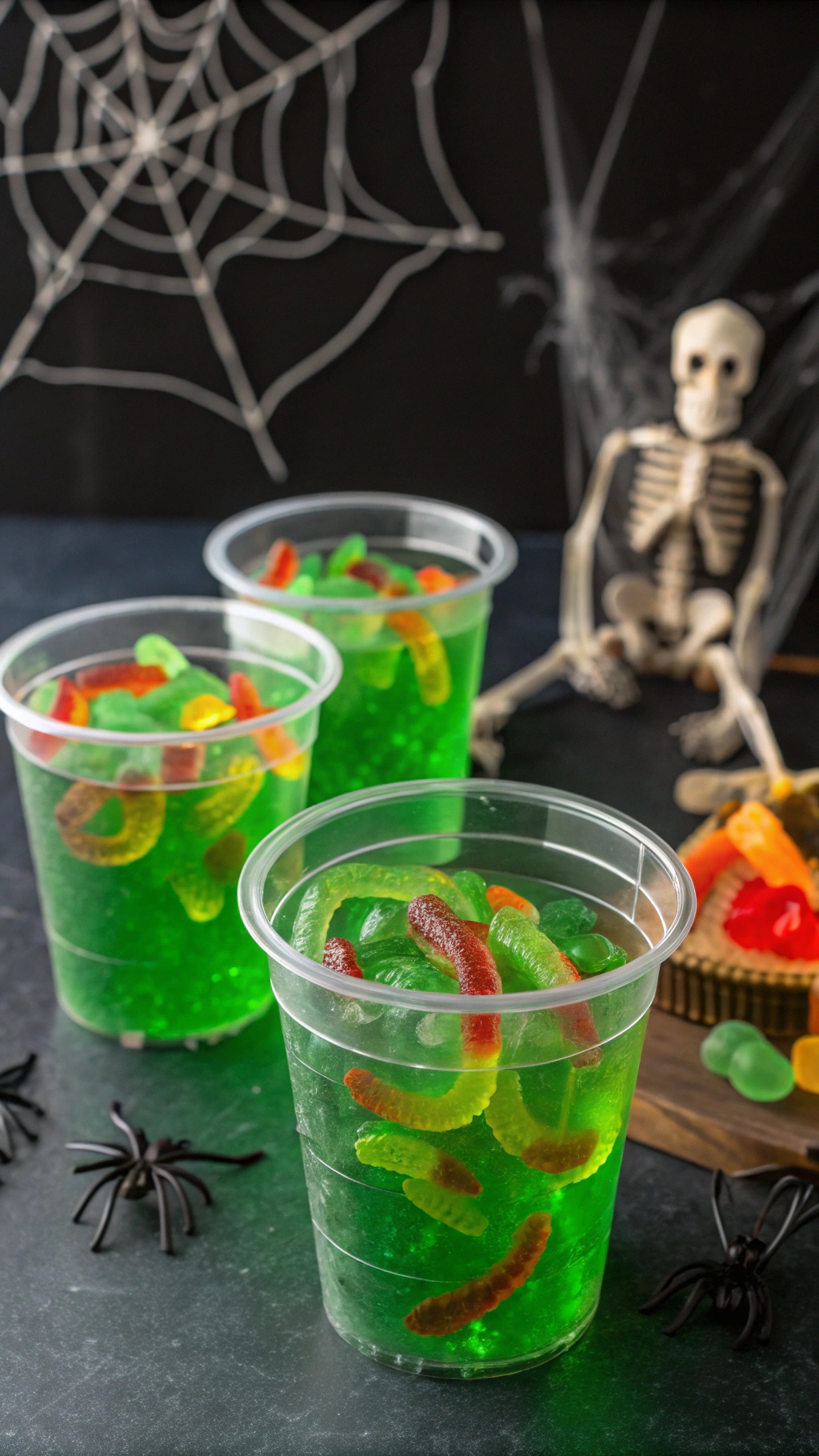 Gory Gummy Worm Jello Cups with gummy worms in green jello, surrounded by Halloween decorations.