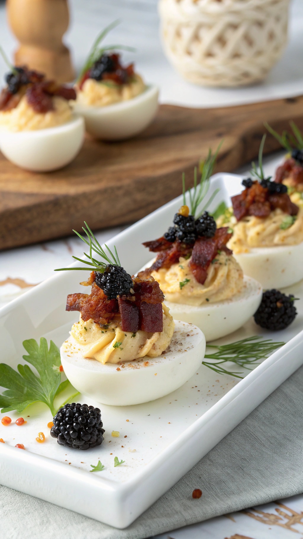 A platter of gourmet deviled eggs topped with bacon and caviar, garnished with herbs.
