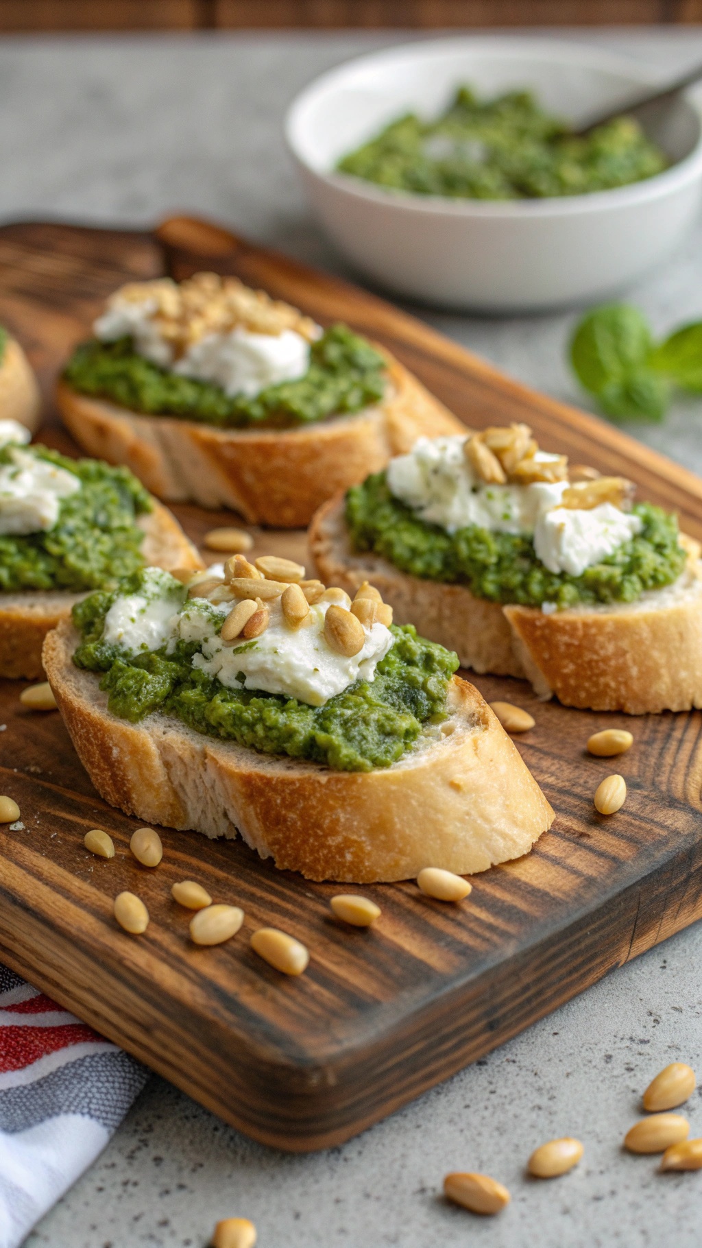 Gourmet pesto and goat cheese crostini on a wooden board with pine nuts