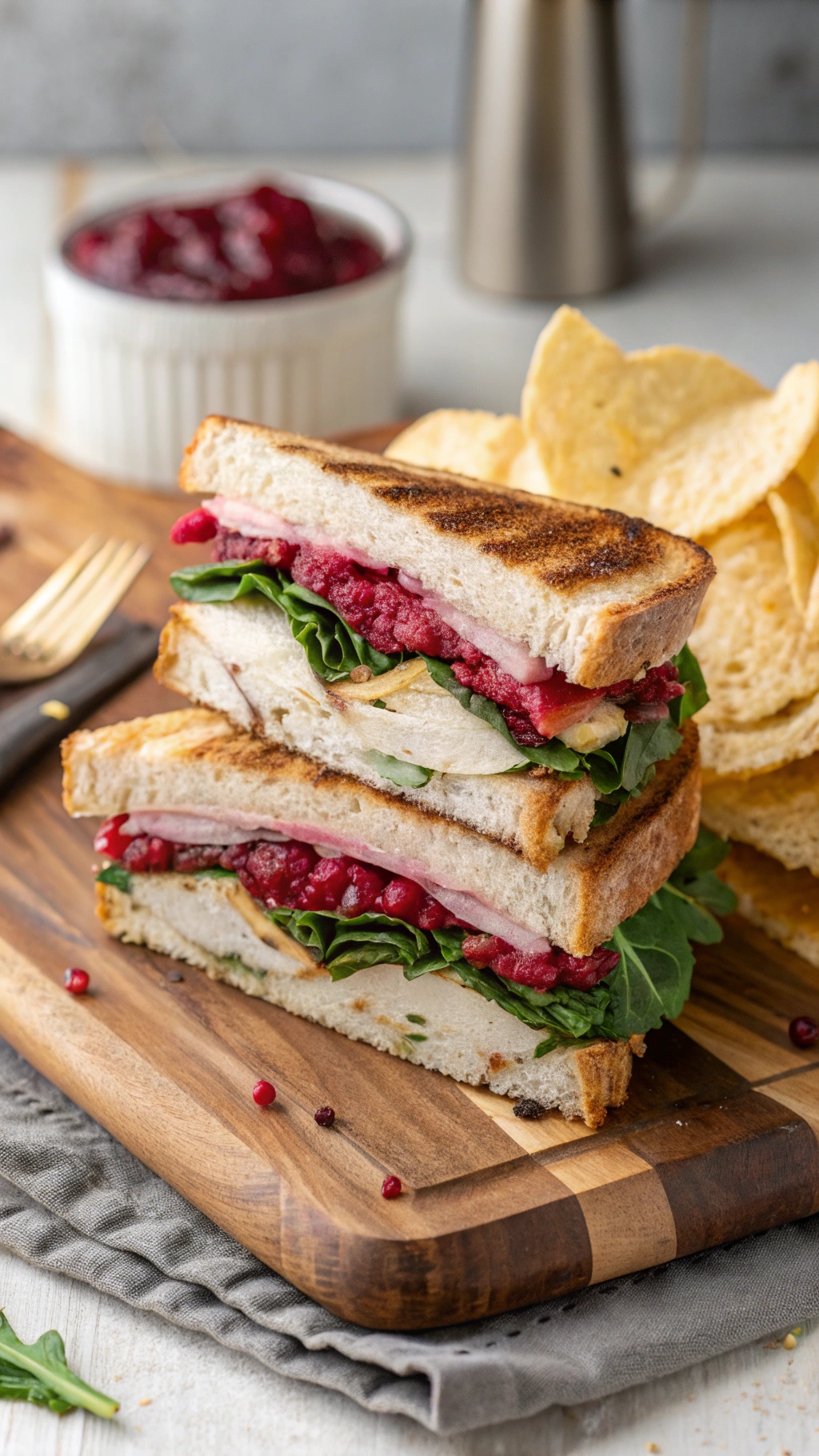 A gourmet turkey and cranberry sandwich stacked on a wooden cutting board with chips on the side.
