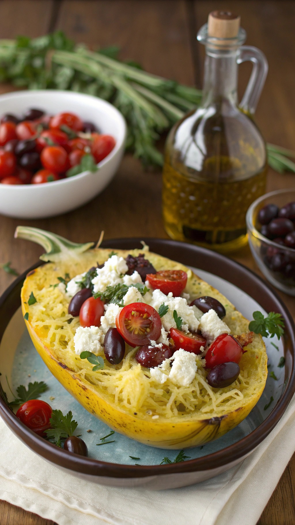 A roasted spaghetti squash filled with cherry tomatoes, olives, and feta cheese, surrounded by olive oil and fresh herbs.