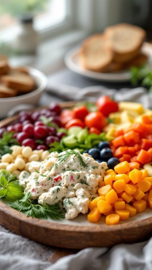 A colorful charcuterie board featuring Greek yogurt chicken salad spread, fresh fruits, and vegetables.