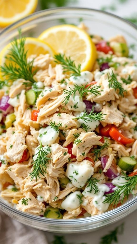A bowl of Greek yogurt chicken salad with dill, featuring shredded chicken, colorful vegetables, and lemon slices.