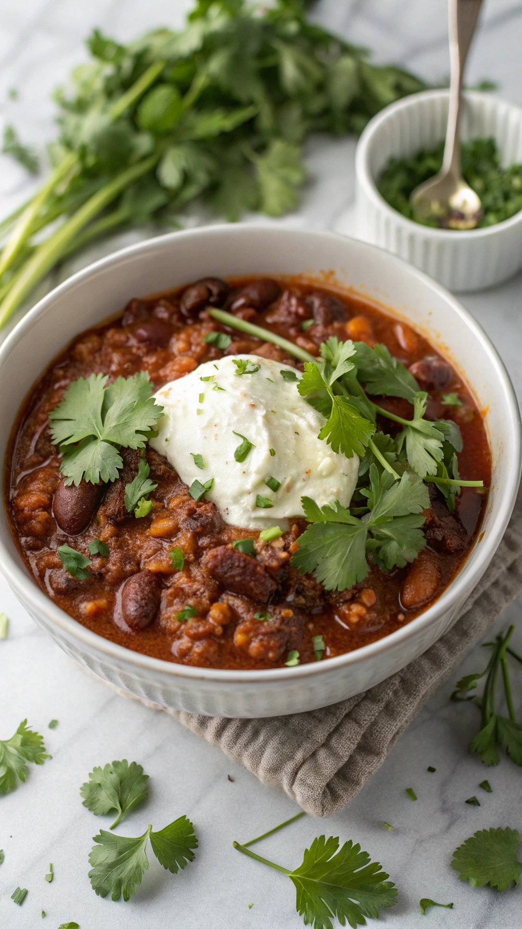 A bowl of chili topped with Greek yogurt and fresh cilantro