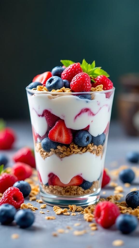 A delicious Greek yogurt parfait layered with berries and granola in a glass.