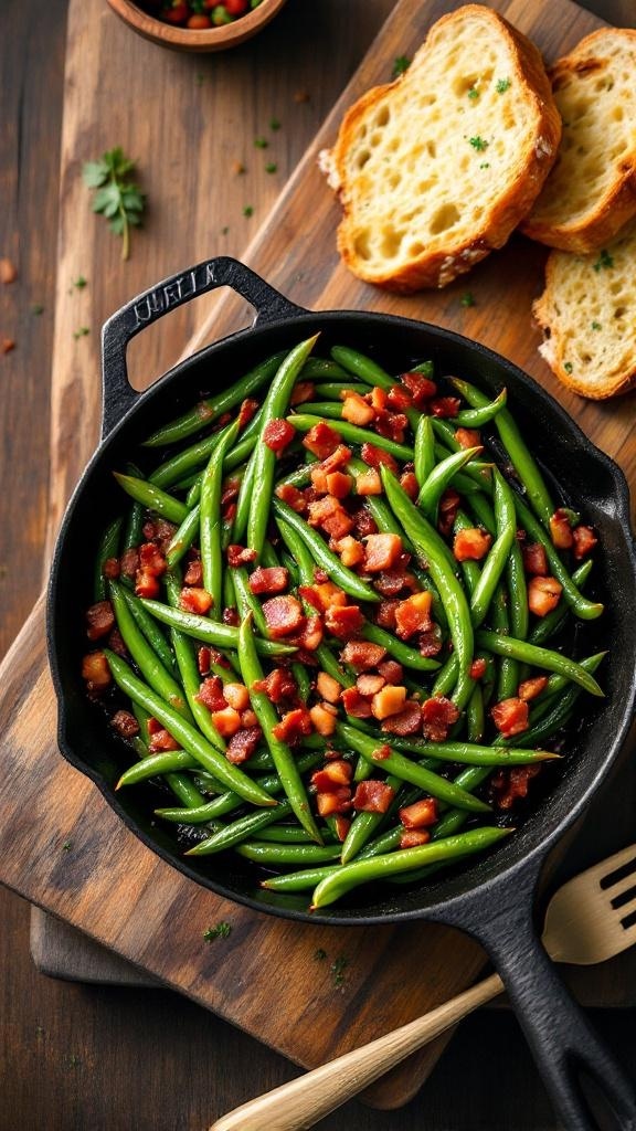 A delicious dish of green beans with bacon served in a cast iron skillet, accompanied by slices of bread.