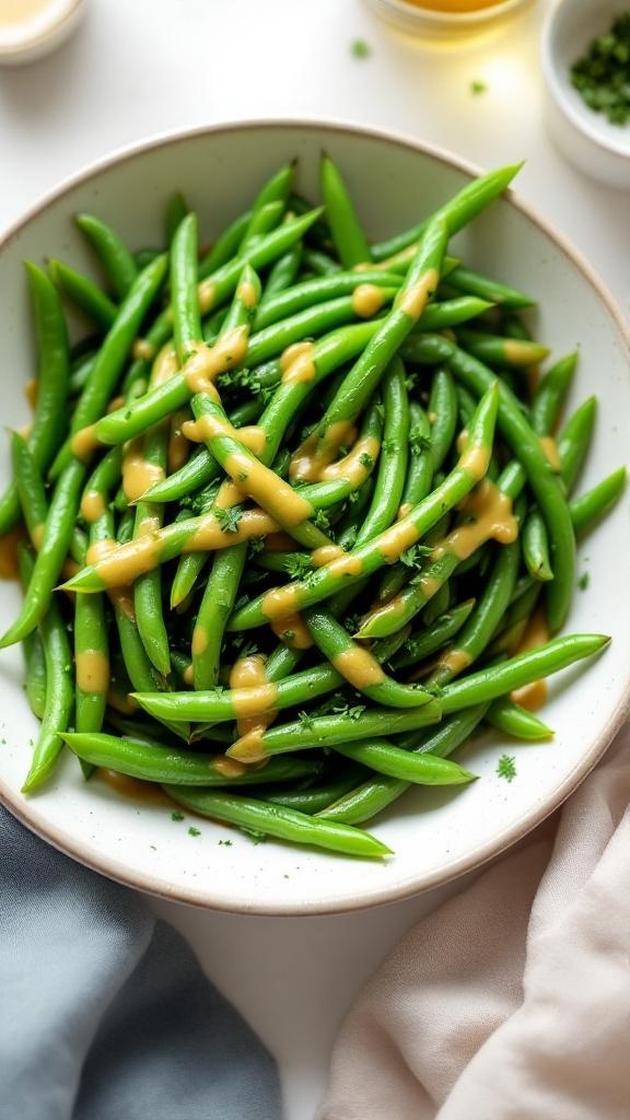 A bowl of green beans drizzled with mustard vinaigrette, garnished with parsley.