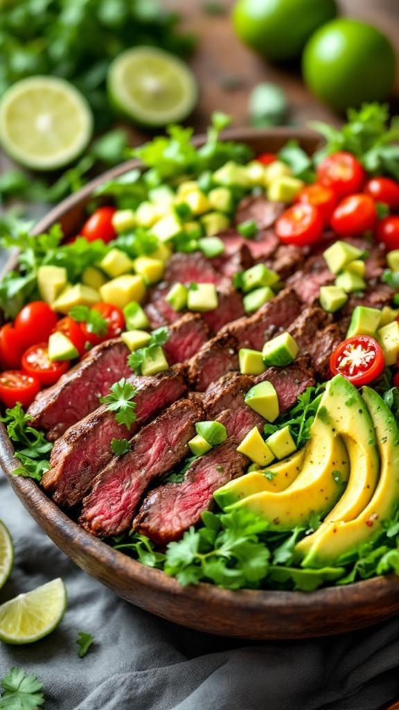 A colorful grilled steak salad with avocado, cherry tomatoes, and lime dressing.