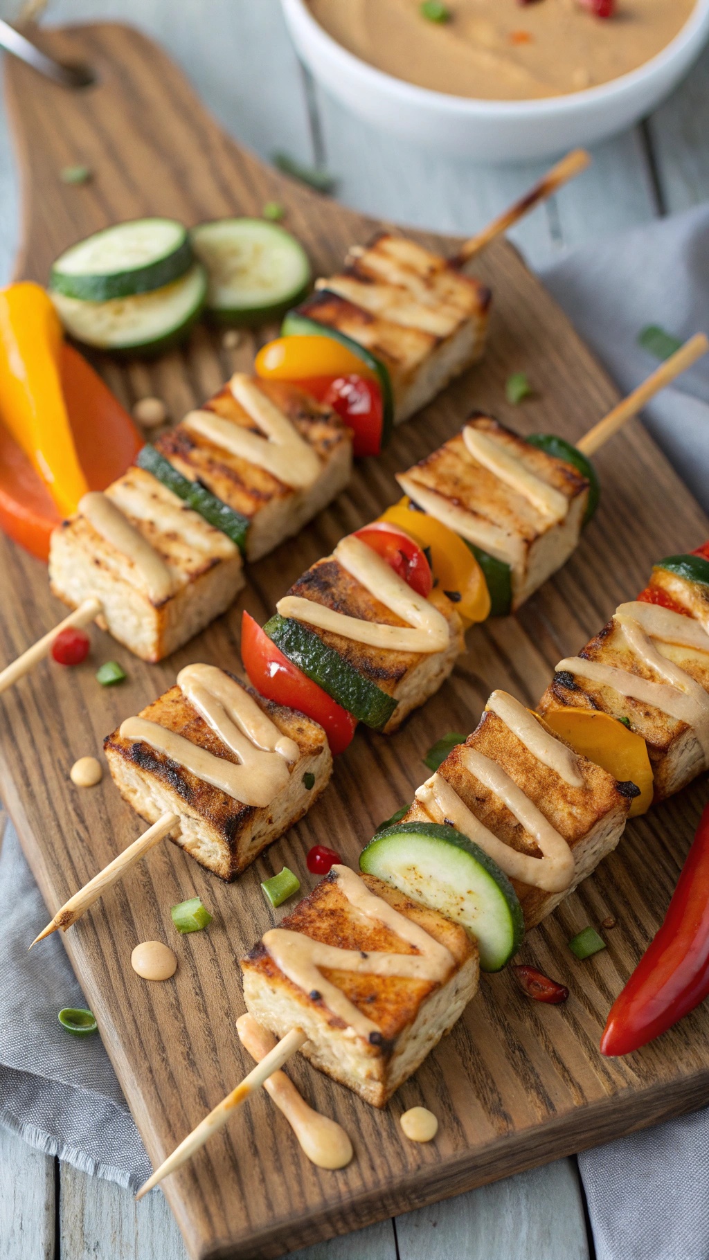 Grilled tofu skewers with colorful vegetables and peanut sauce on a wooden board.