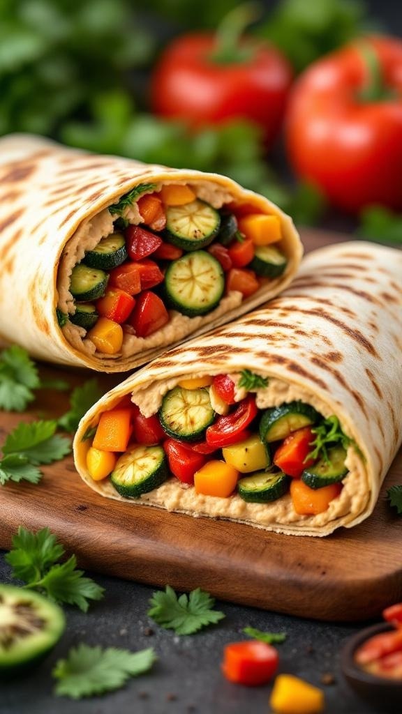 A grilled veggie and hummus wrap cut in half, showcasing colorful vegetables inside.