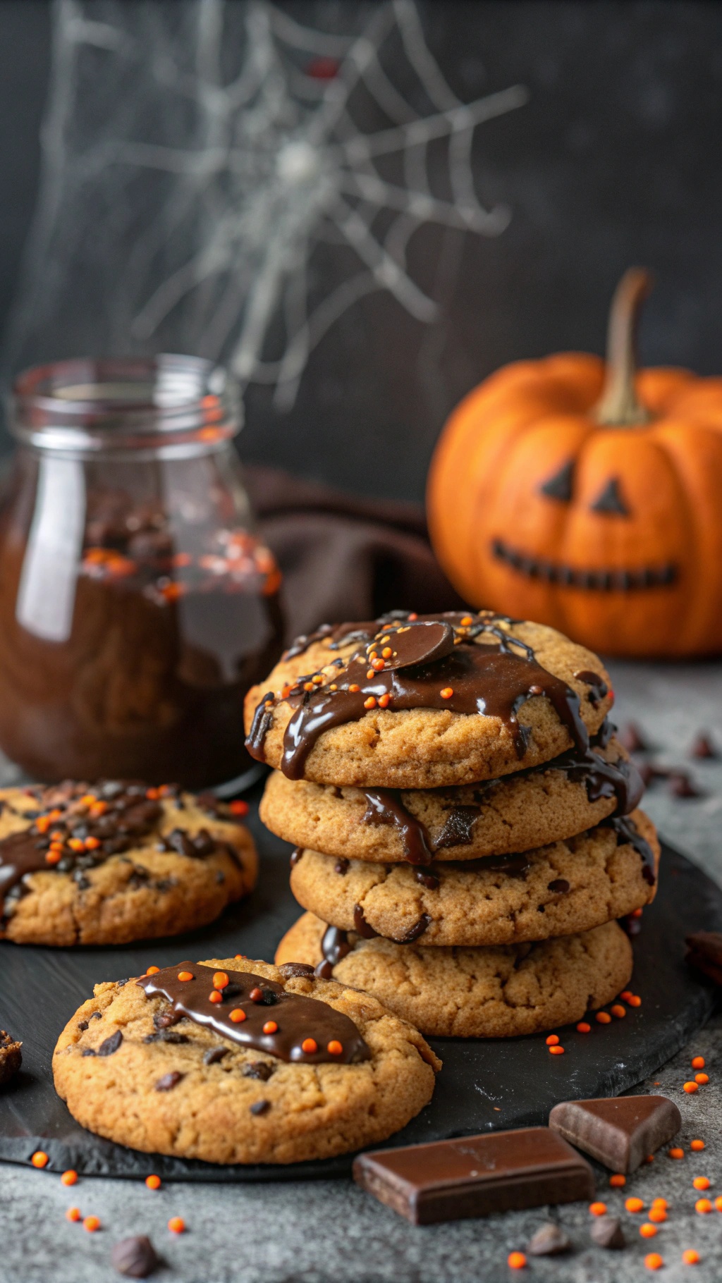 A stack of vegan chocolate chip cookies with chocolate drizzle and Halloween sprinkles, next to a jar of chocolate sauce and a pumpkin.
