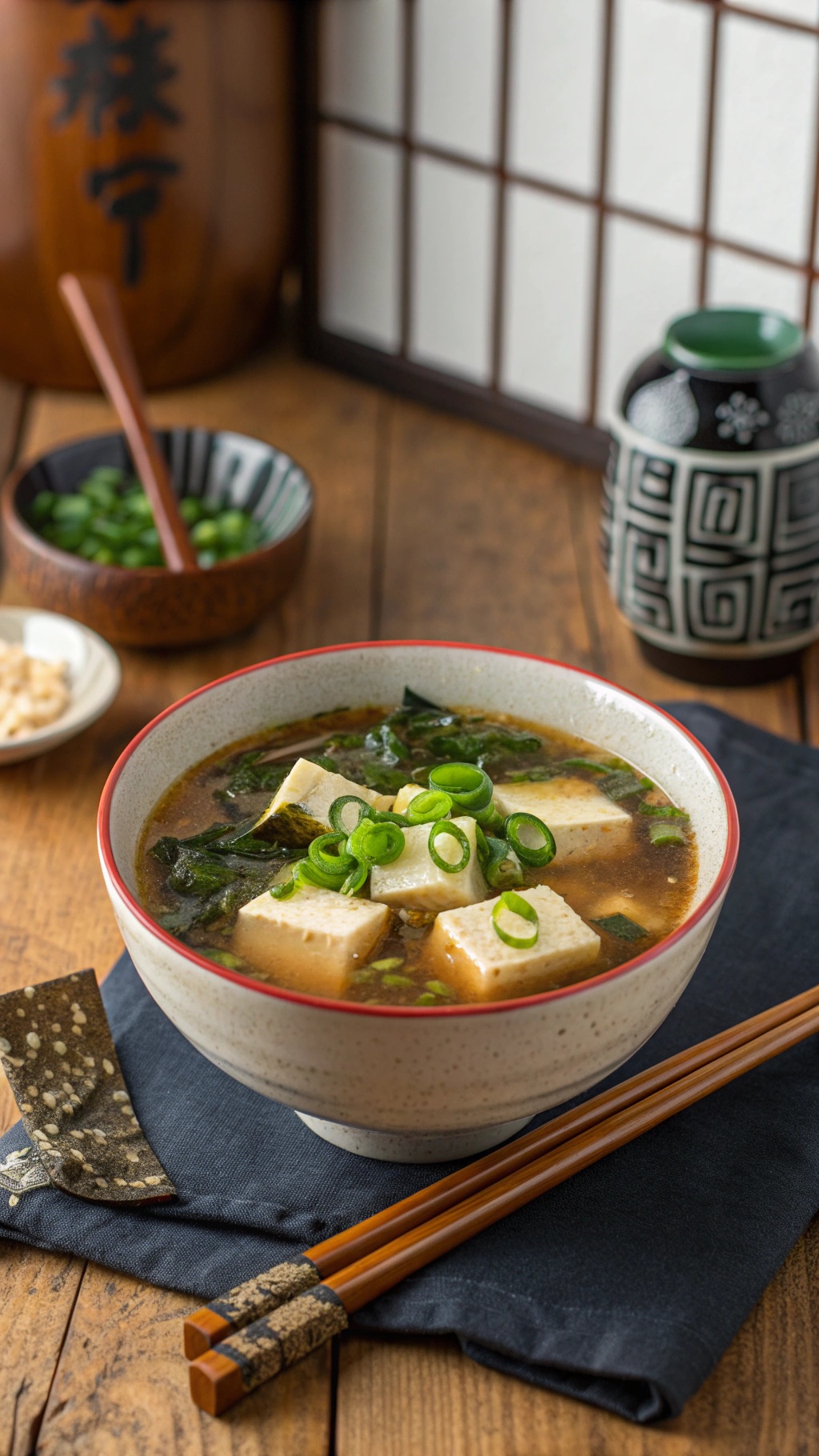 A bowl of healing miso soup with tofu and seaweed, garnished with green onions.