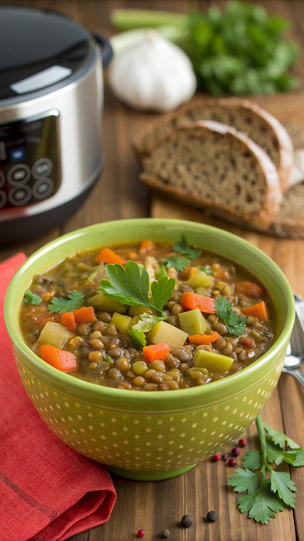 A bowl of healthy lentil soup with vegetables, garnished with parsley, next to a crock pot and slices of bread.
