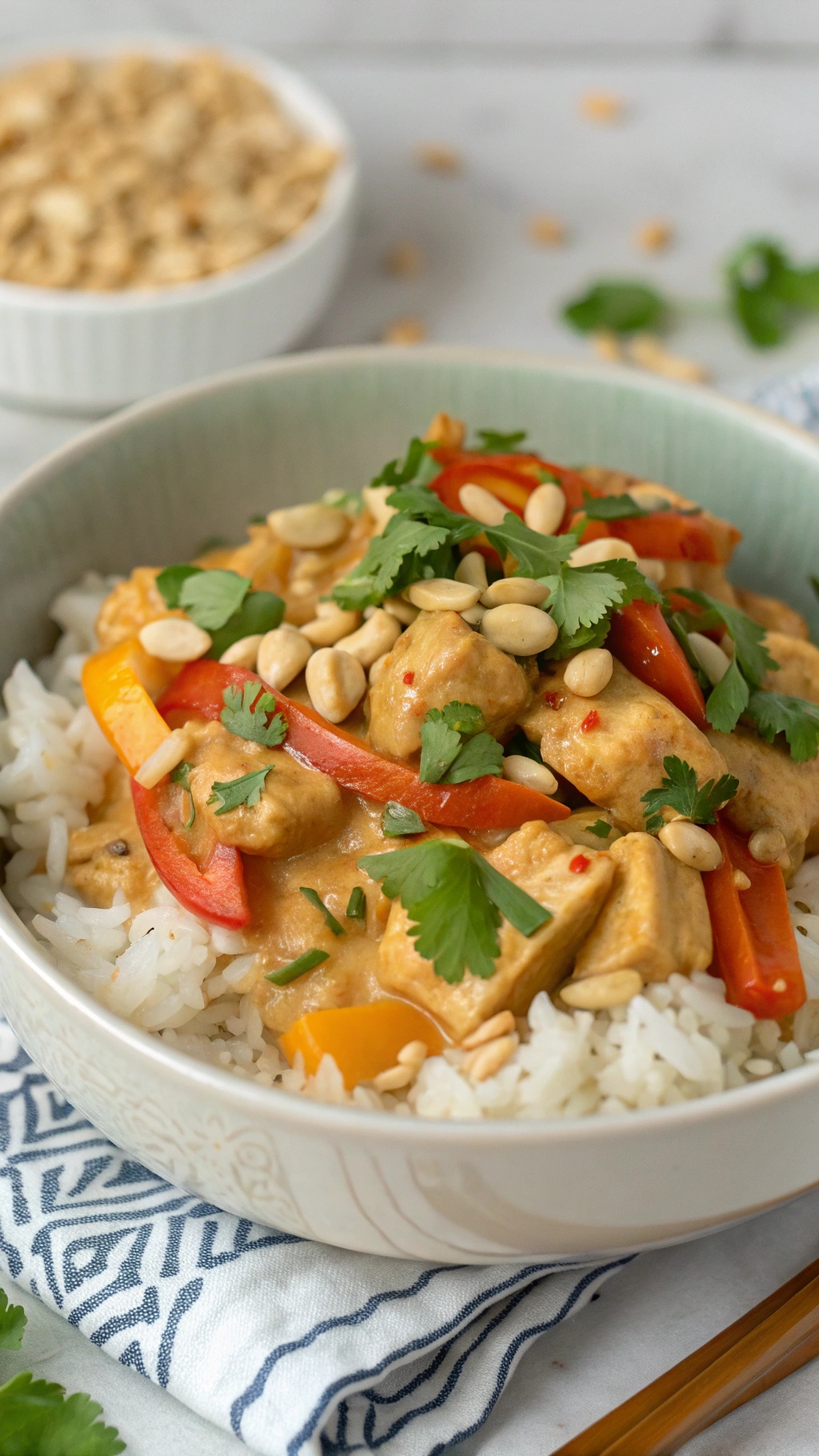 A bowl of Thai Peanut Chicken served over rice, garnished with cilantro and peanuts.