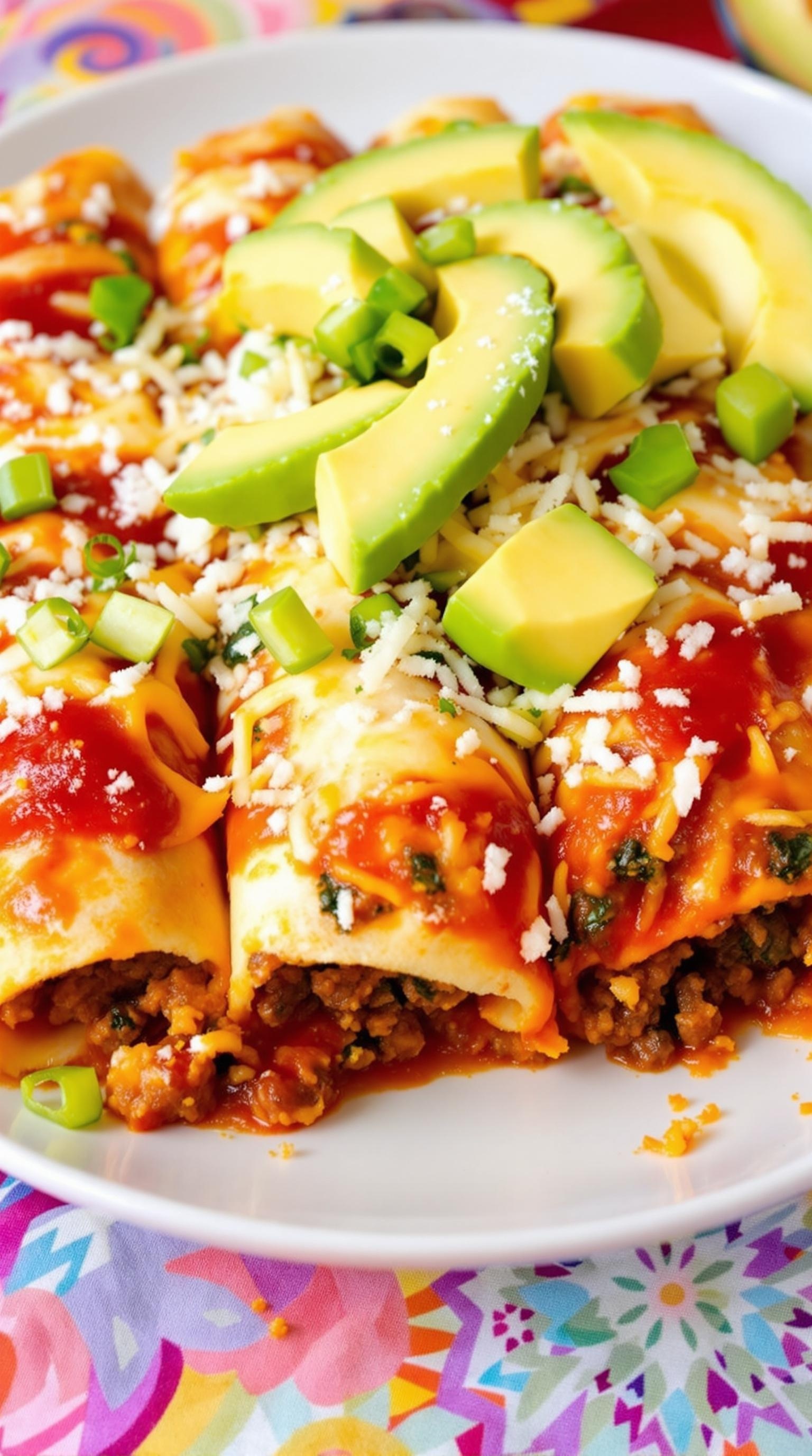 A plate of healthy beef enchiladas topped with avocado, cheese, and green onions.