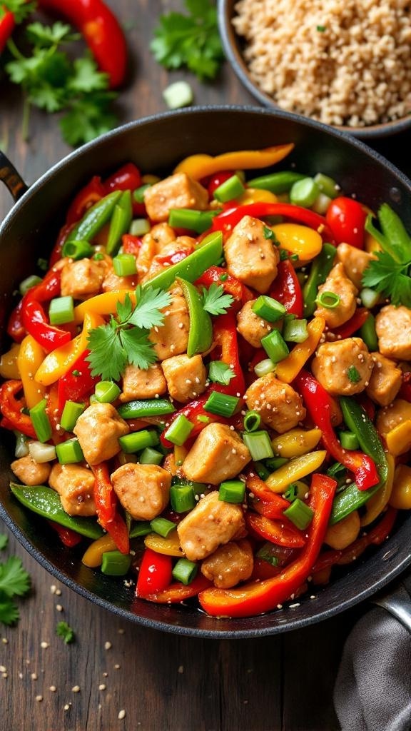 A colorful chicken stir-fry with bell peppers and green onions in a skillet.