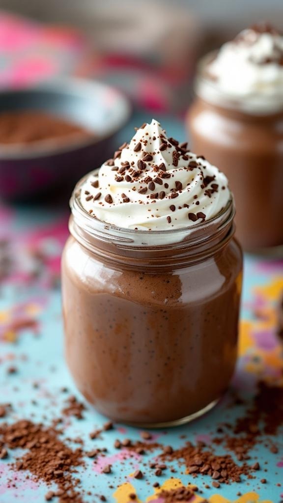 A jar of chocolate chia seed pudding topped with whipped cream and chocolate shavings, set against a colorful background.