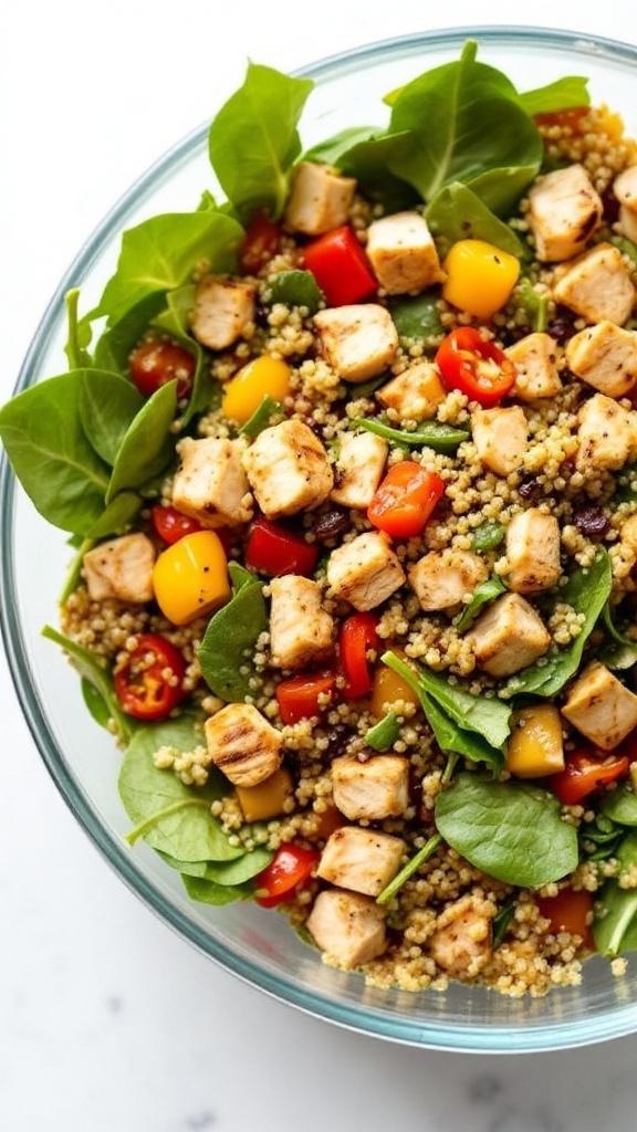 A colorful bowl of quinoa chicken salad with spinach, diced chicken, and assorted vegetables.