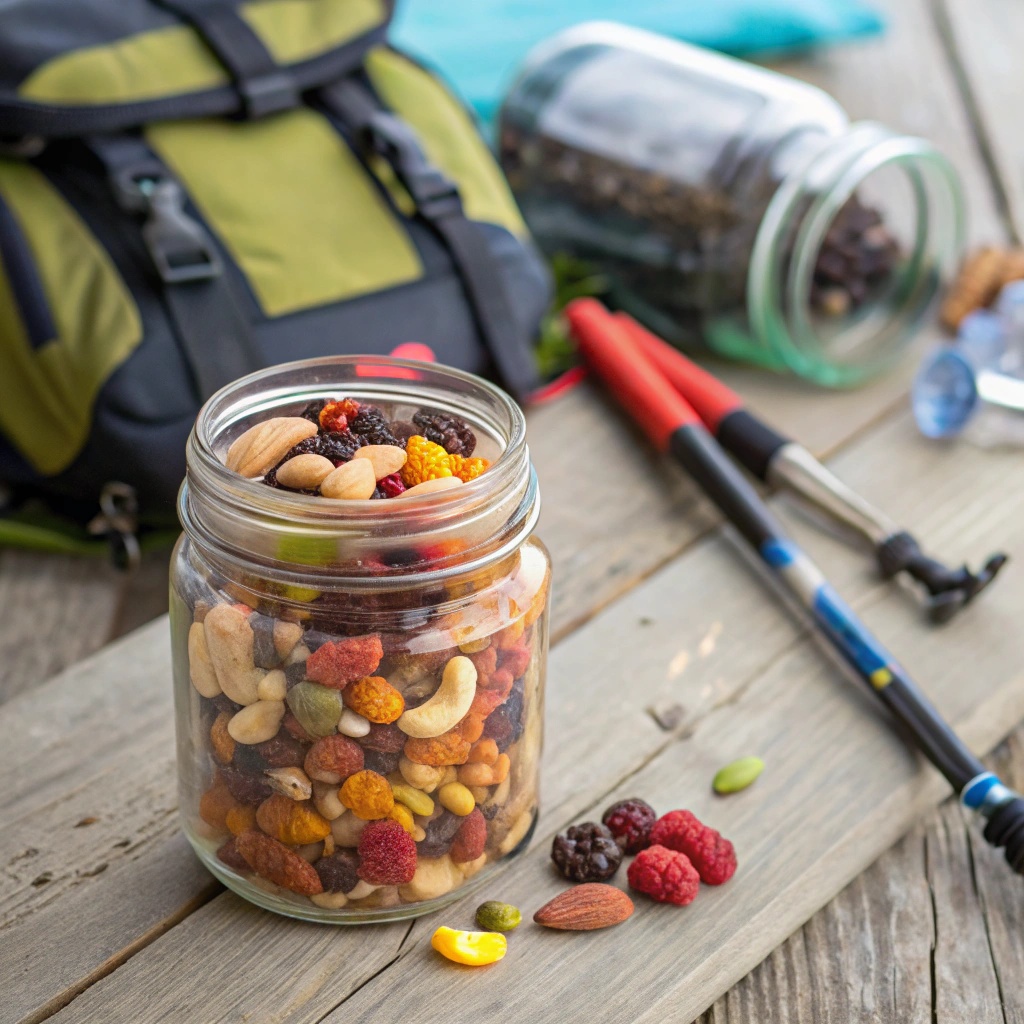 A jar filled with colorful trail mix including nuts, seeds, and dried fruits.