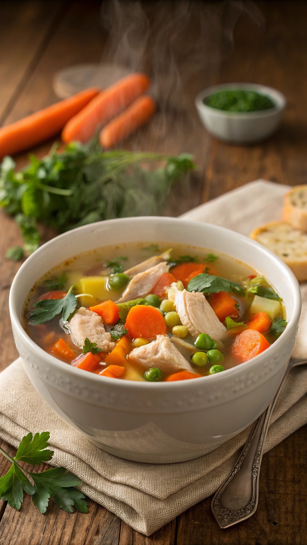 A bowl of chicken and vegetable soup with steam rising, surrounded by fresh carrots and herbs.