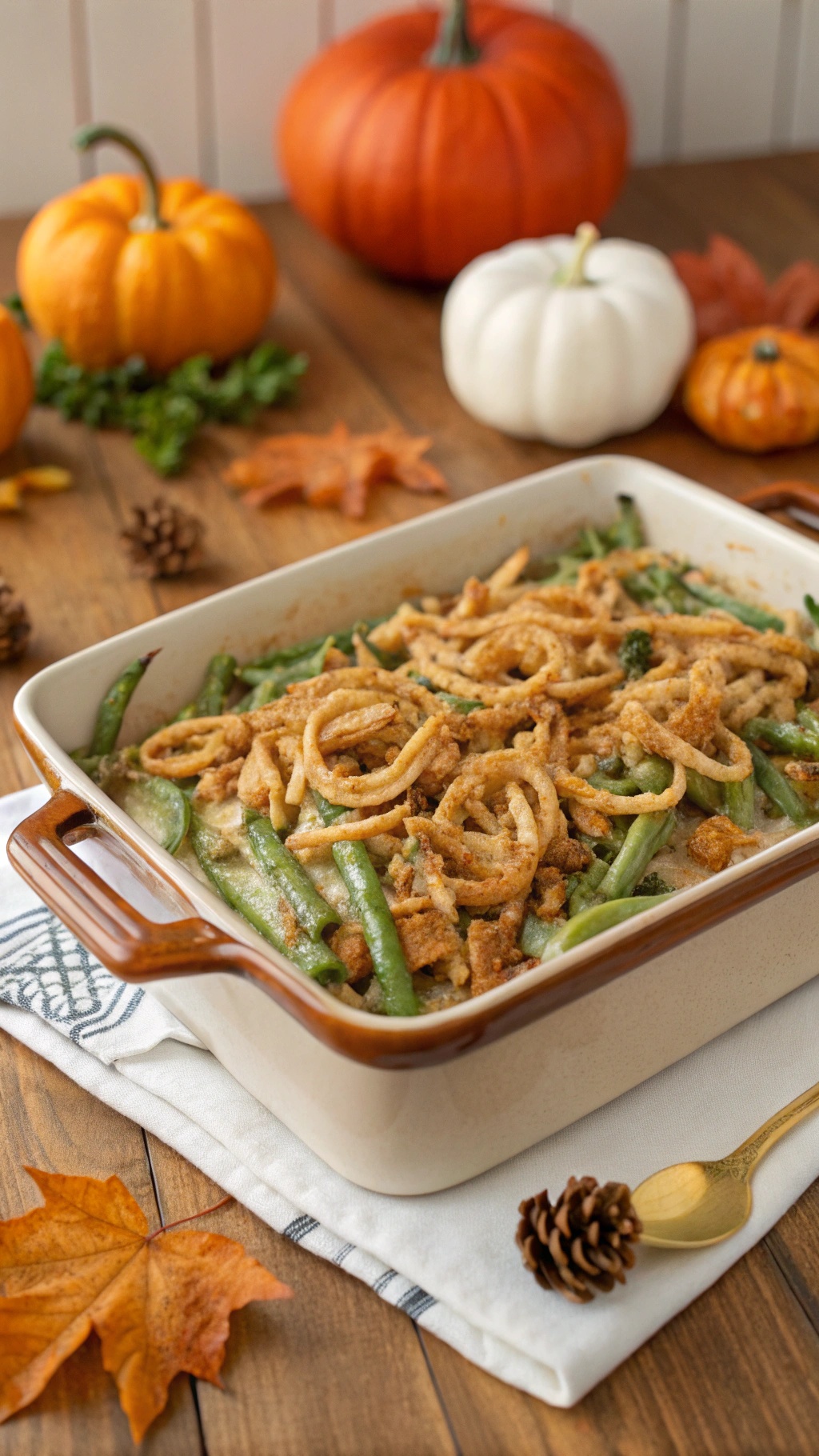 A delicious green bean casserole topped with crispy fried onions, surrounded by autumn decorations like pumpkins and pinecones.
