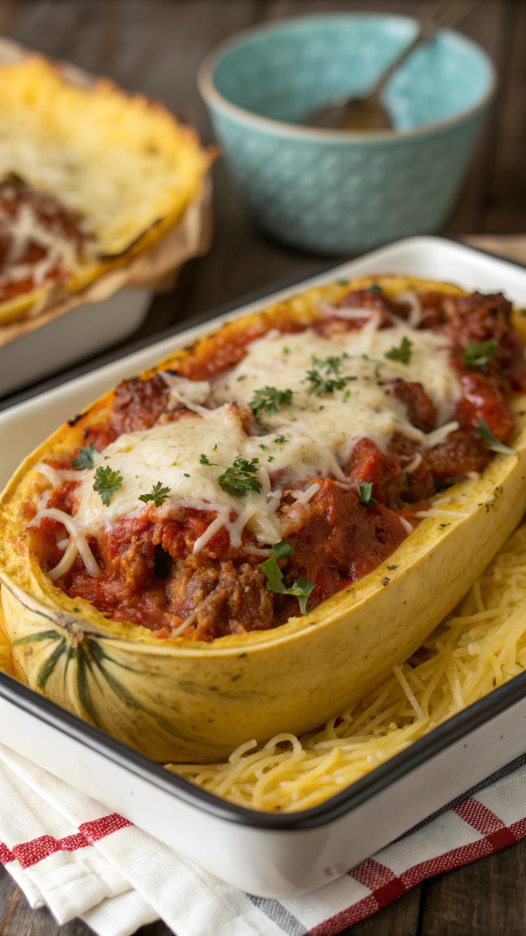 Baked spaghetti squash filled with sausage and marinara sauce, topped with melted cheese, served in a dish.