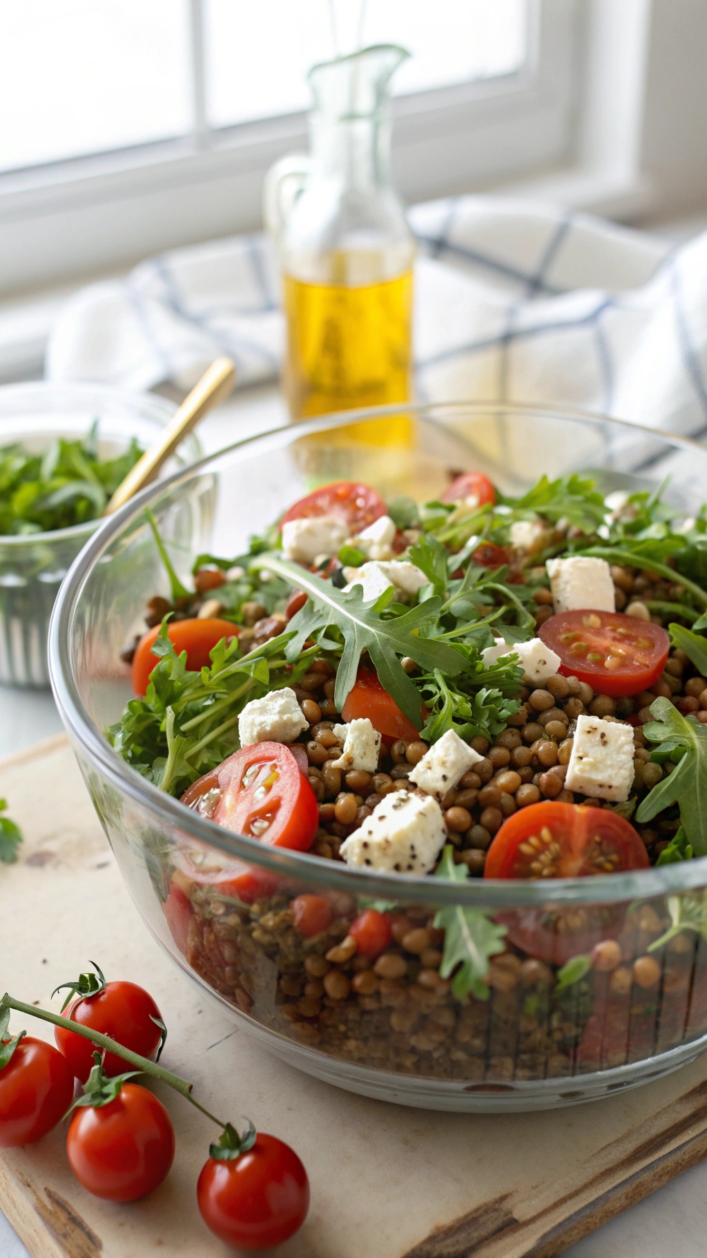 A colorful lentil salad with feta cheese, cherry tomatoes, and arugula in a clear bowl.