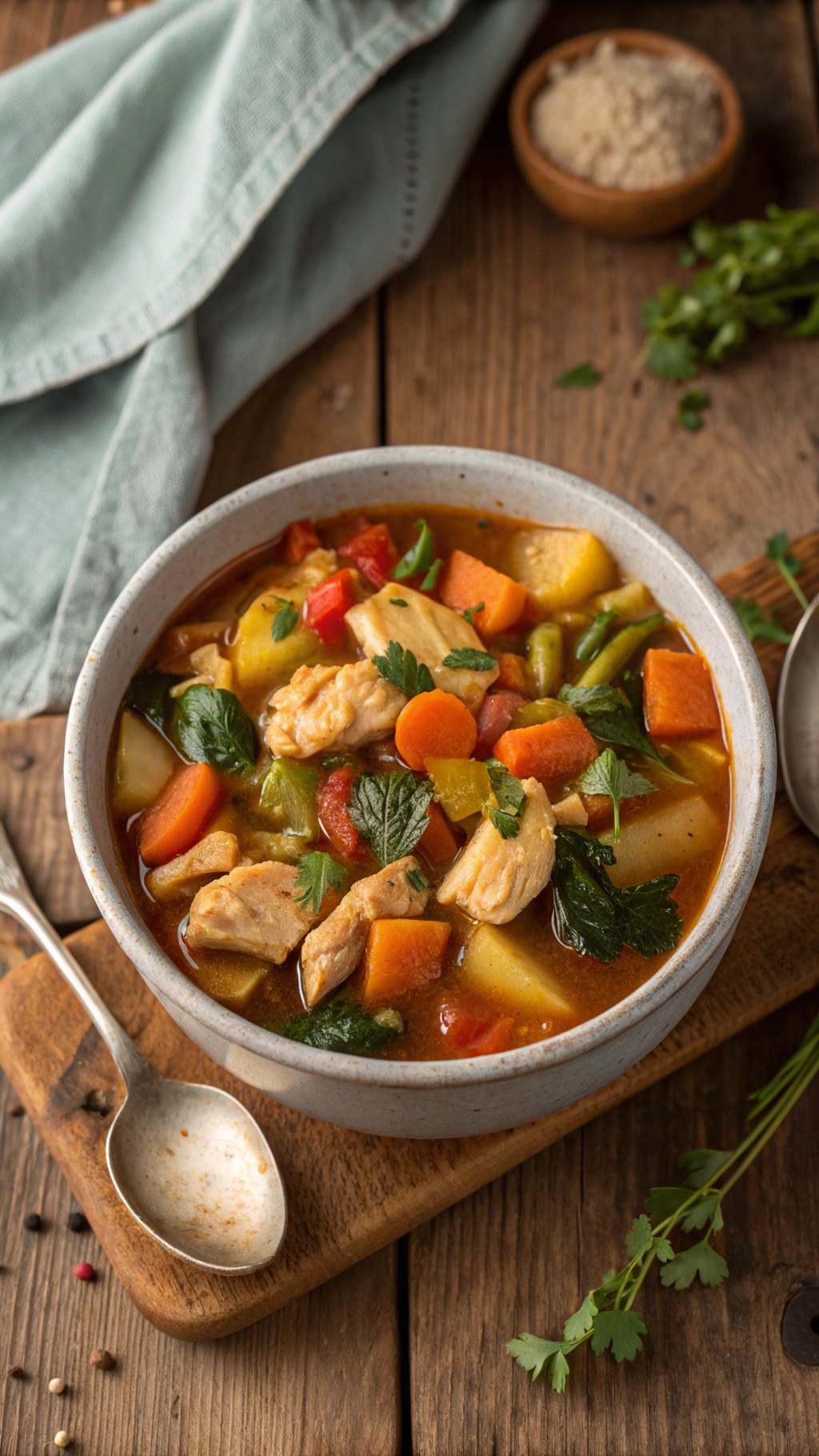 A bowl of chicken and vegetable stew with colorful vegetables and tender chicken.