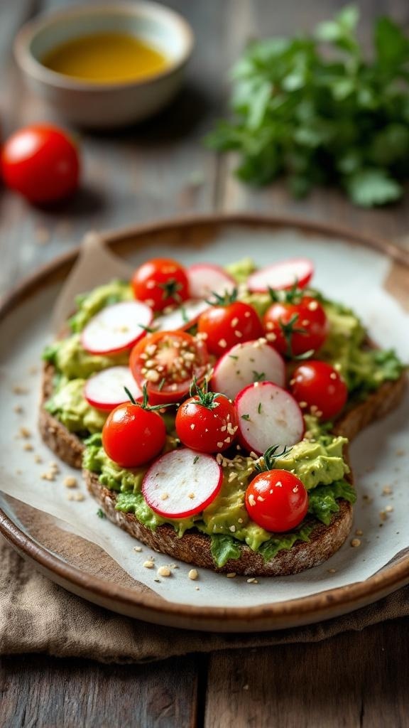 A plate of avocado toast topped with cherry tomatoes and radishes, garnished with sesame seeds.