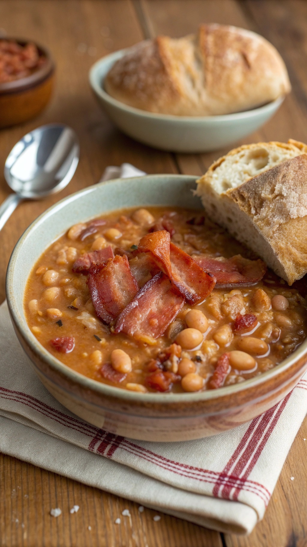 A bowl of hearty bean and bacon soup with crispy bacon on top and a slice of bread on the side.