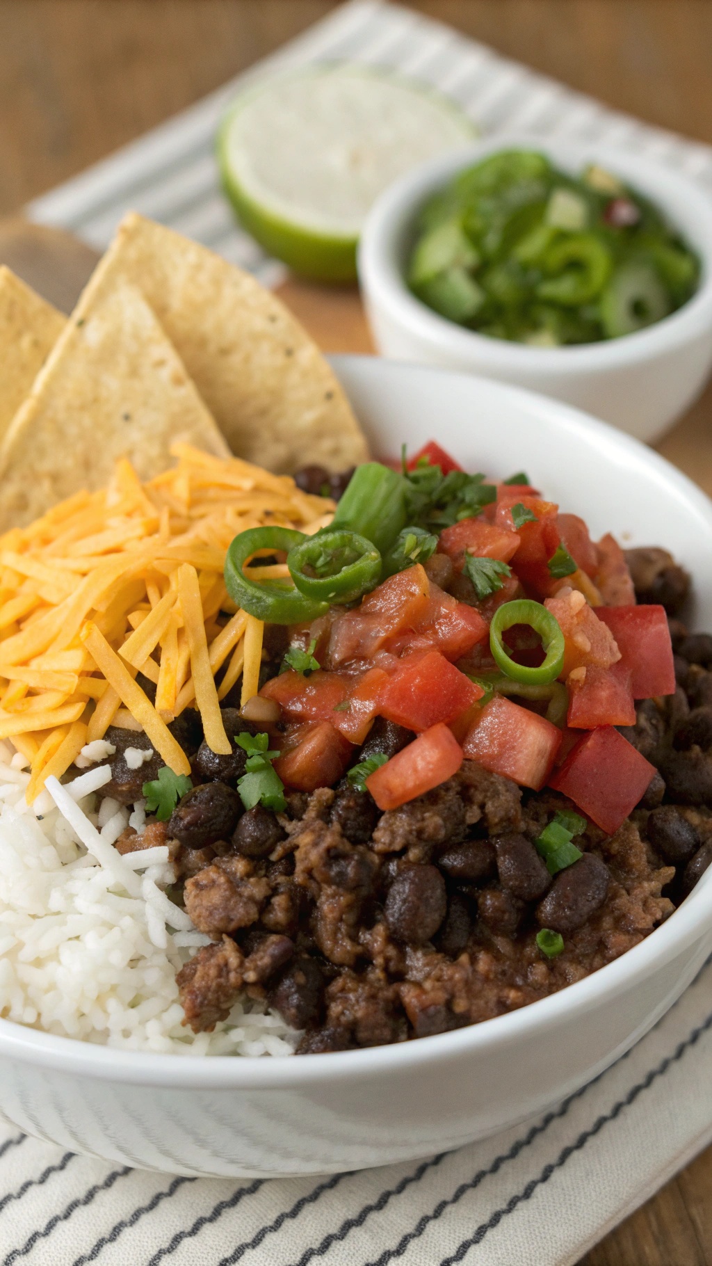 A hearty beef and bean rice bowl topped with cheese, tomatoes, and green onions, served with tortilla chips and lime.